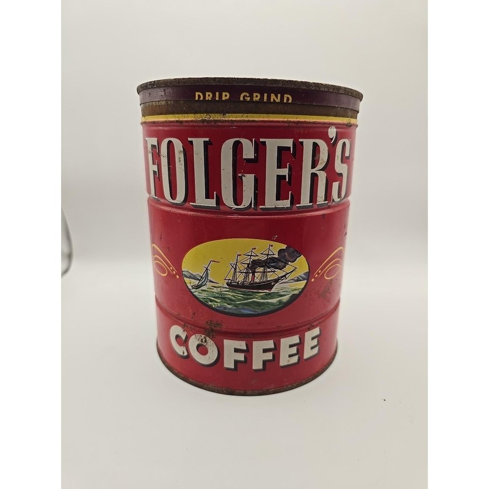 Vintage Folgers Drip Grind 2lb Tin Coffee Can With  Substitute Lid‎